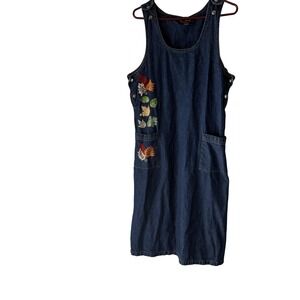 Krave Denim Overall Dress Vintage Denim‎ L Embroidered Leaf Pocket Teacher Fall